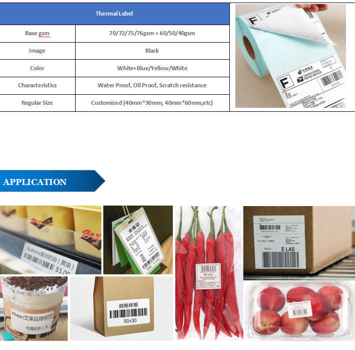 65gsm/70gsm White/Yellow/Blue Grease/Water Proof Logistics Glassine Paper Thermal Label Paper Roll Direct Self Adhesive